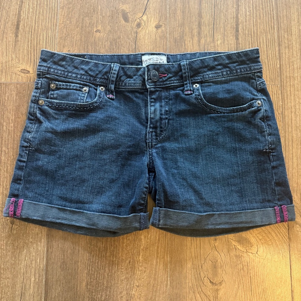 Aeropostale Denim Shorts Dark‎ Wash Cuffed Pink Stitching Juniors Size 5/6